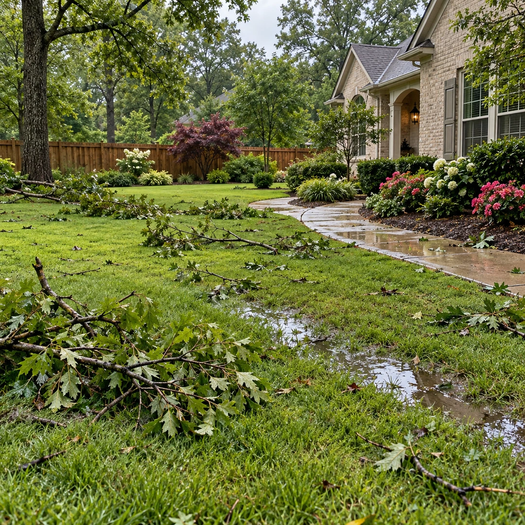 Scattered storm branches across a wet lawn