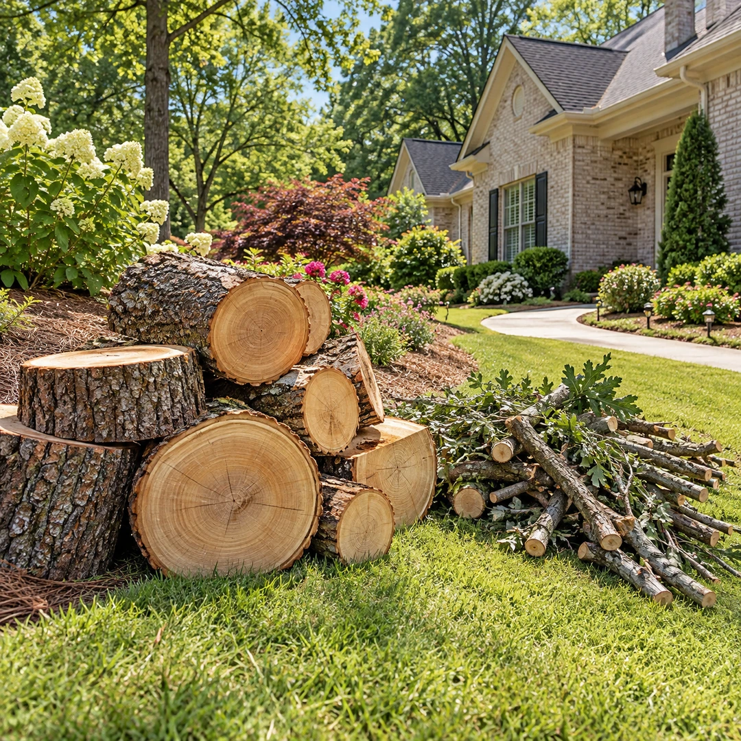 Stacked trunk rounds beside a separate leafy branch pile