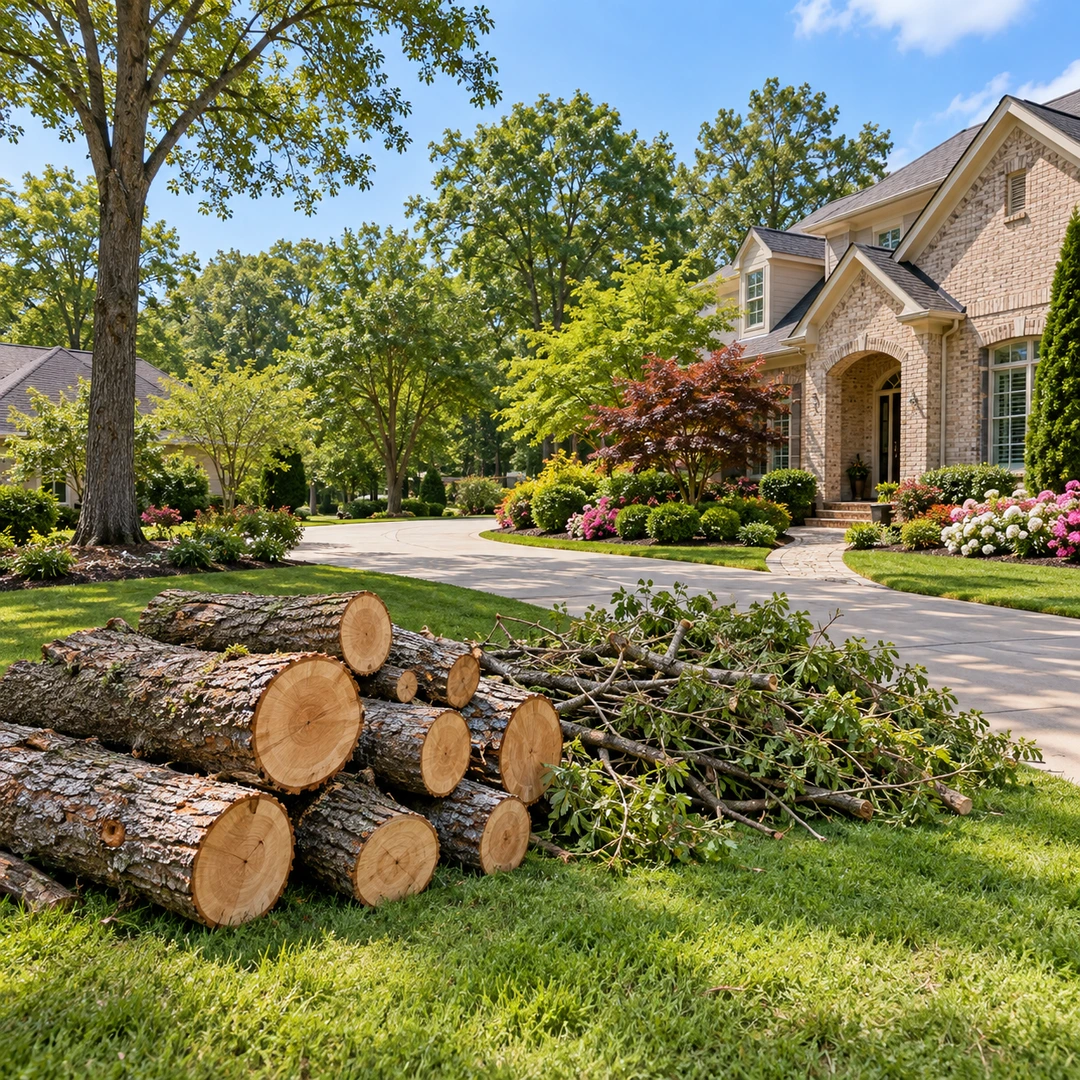 Grouped logs and branches beside a driveway