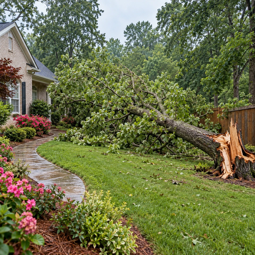 Storm fallen tree beside a residential garden path