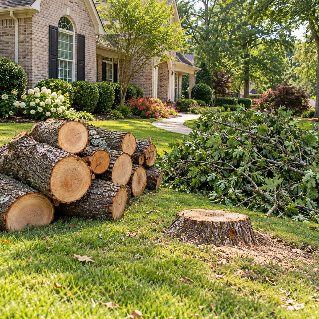Cut logs and leafy branches beside a low stump