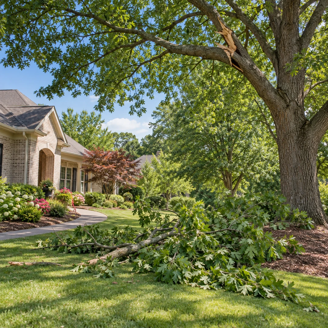 Fallen branches beneath an intact shade tree