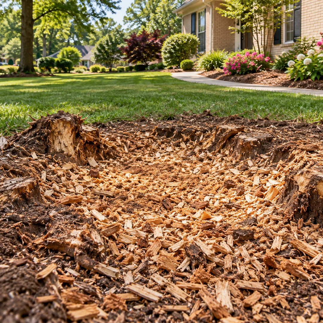 Wood chips surrounding a partially ground stump