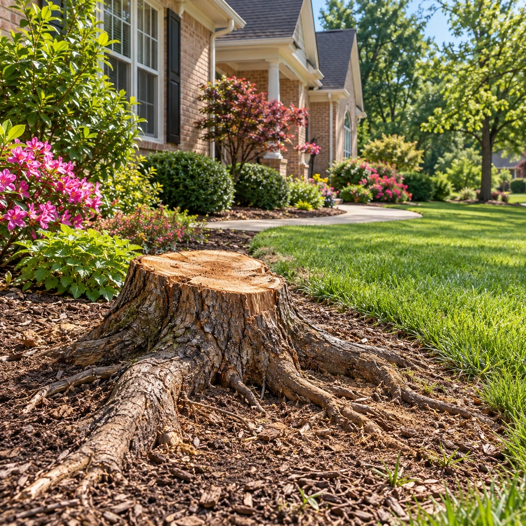 Large cut stump with surface roots beside a landscaped lawn