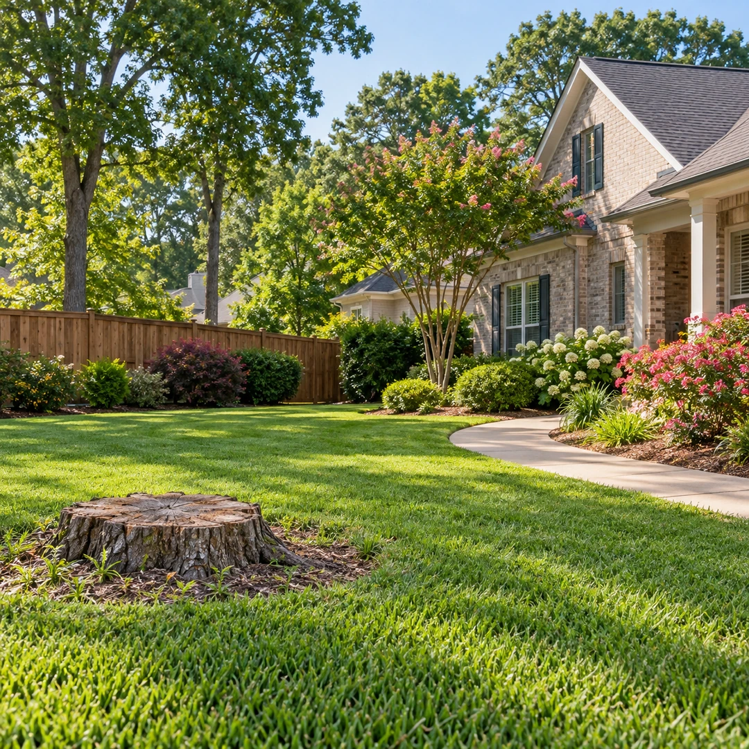 Weathered stump in an open side yard