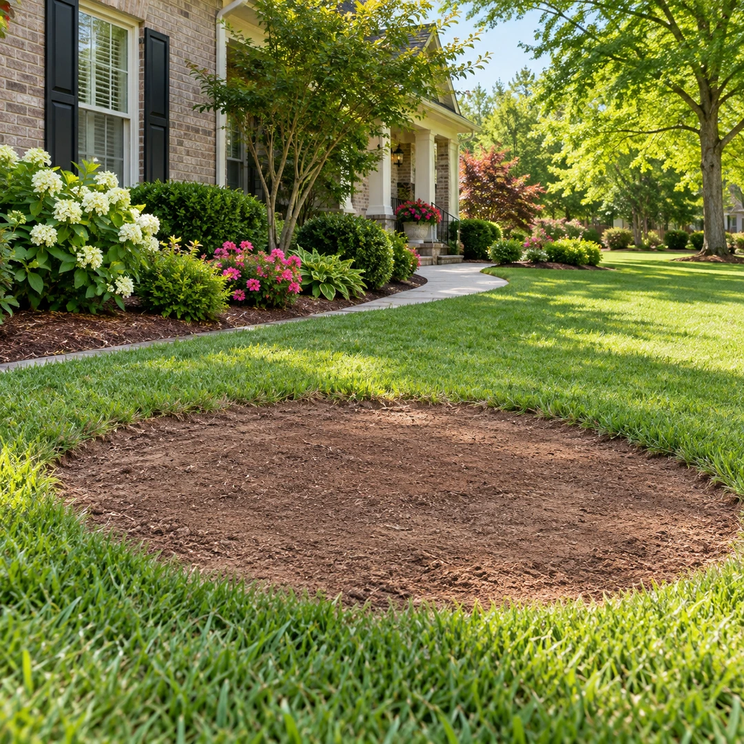 Level soil patch after stump cleanup beside a lawn