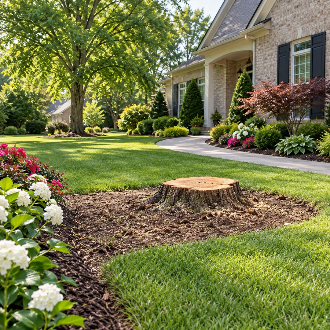 Cleared lawn around a low stump after debris removal