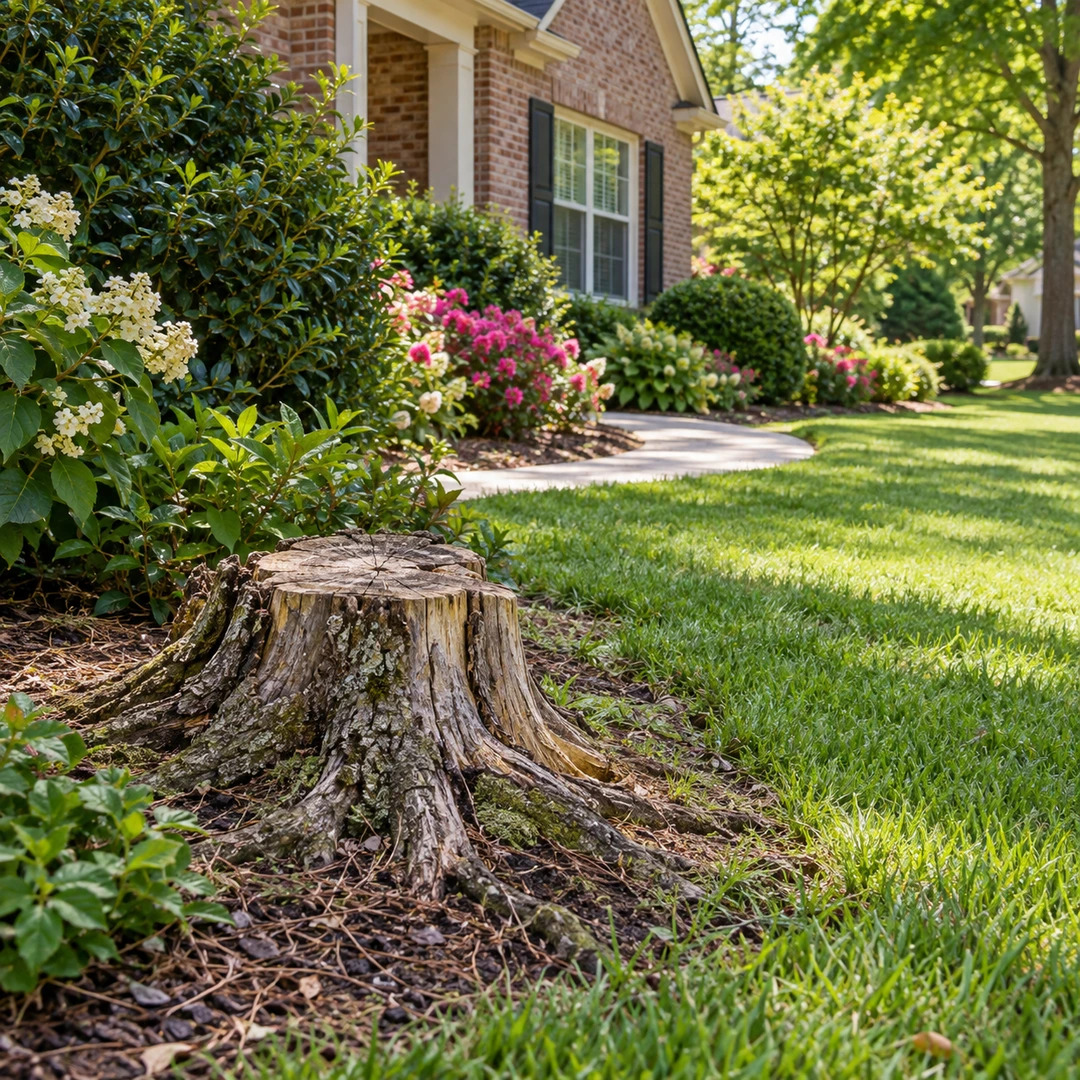 Old stump beside a garden bed and lawn