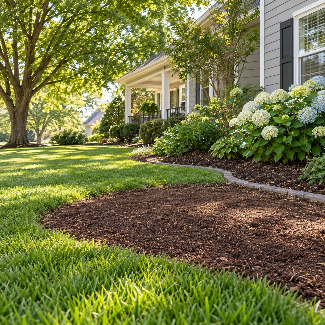 Level soil patch beside a landscaped lawn after stump cleanup