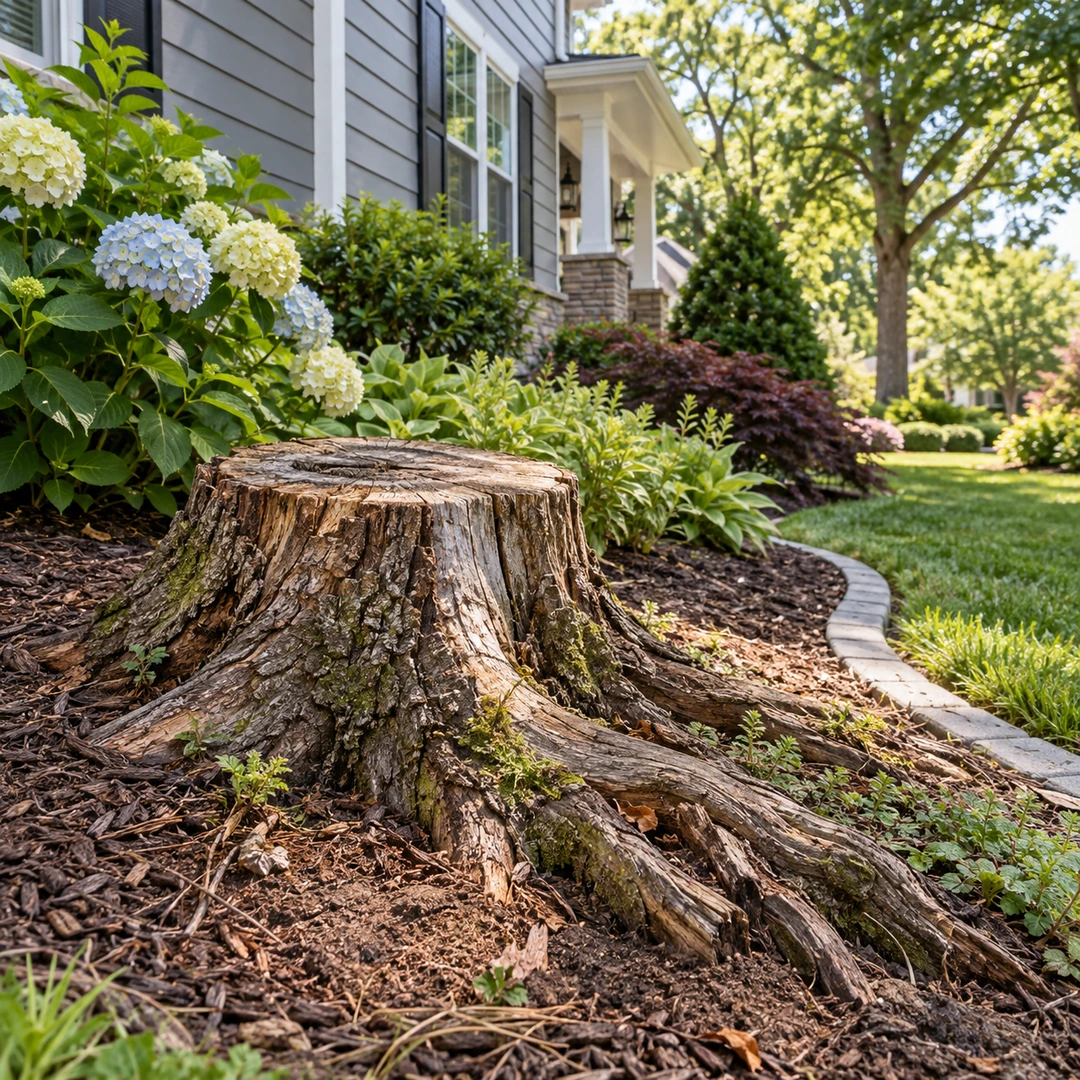 Old stump with exposed roots beside a curved garden border