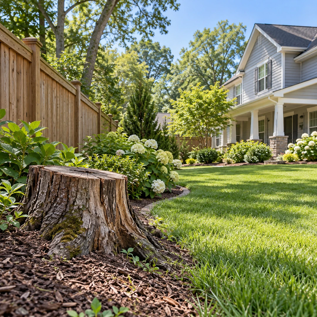 Old stump beside a wooden fence and garden bed
