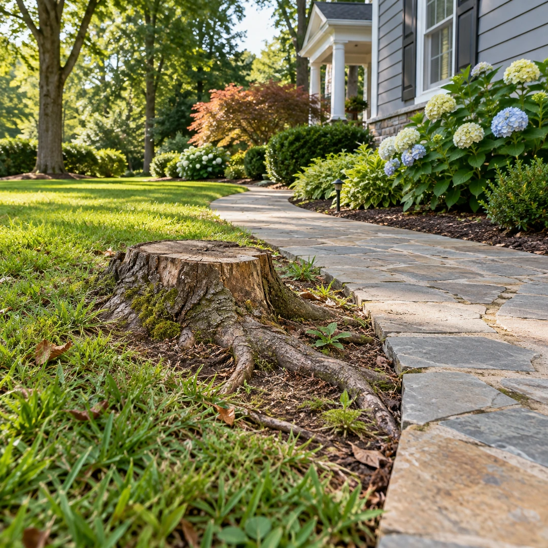 Stump and surface roots at the edge of a stone path