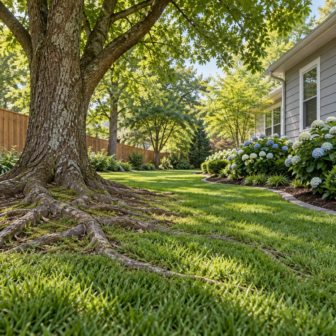 Surface roots beside a lawn and residential garden