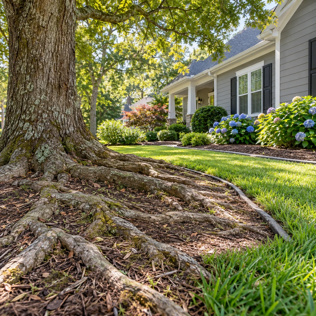 Exposed roots at the base of a healthy mature tree