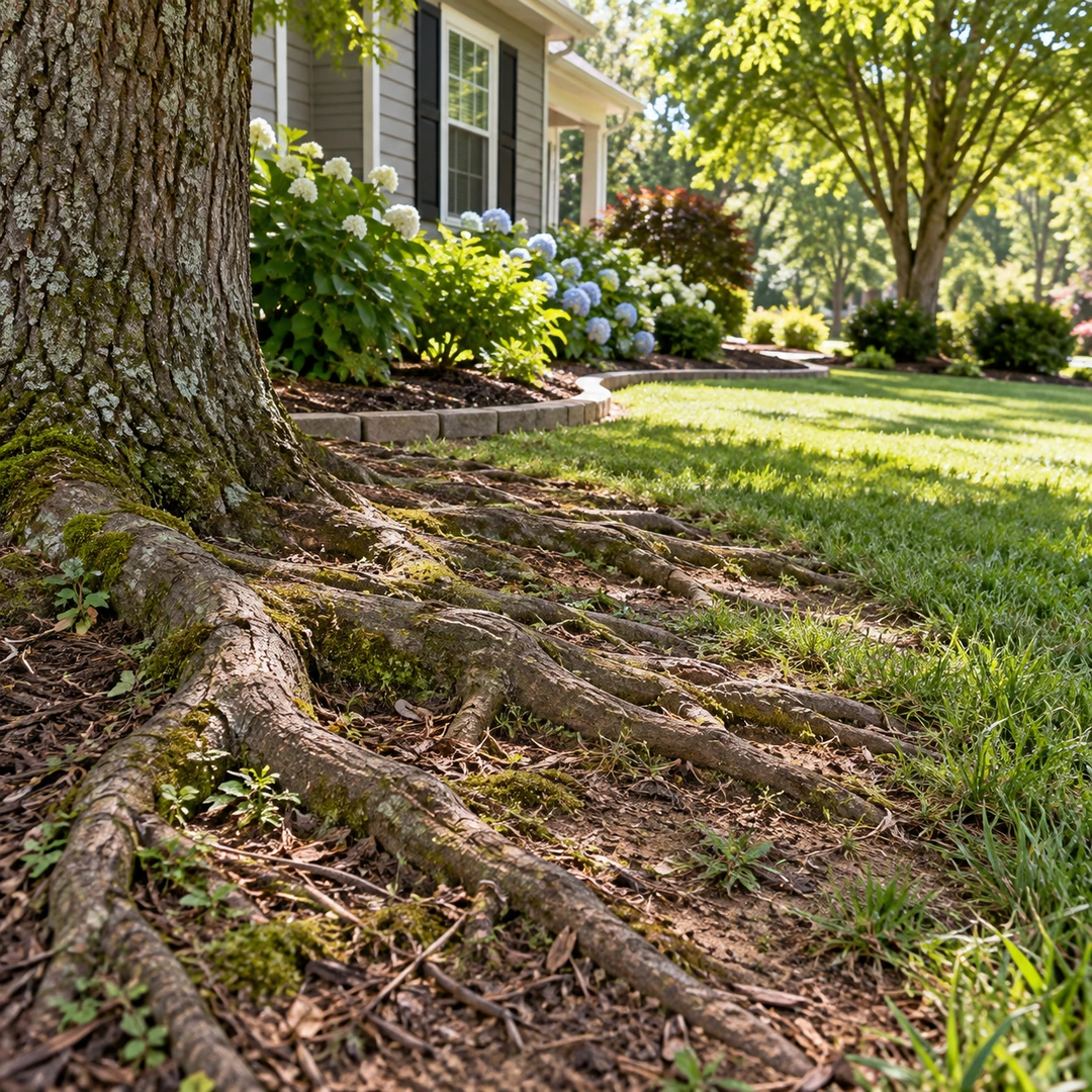 Raised roots beside a garden bed at the base of a tree