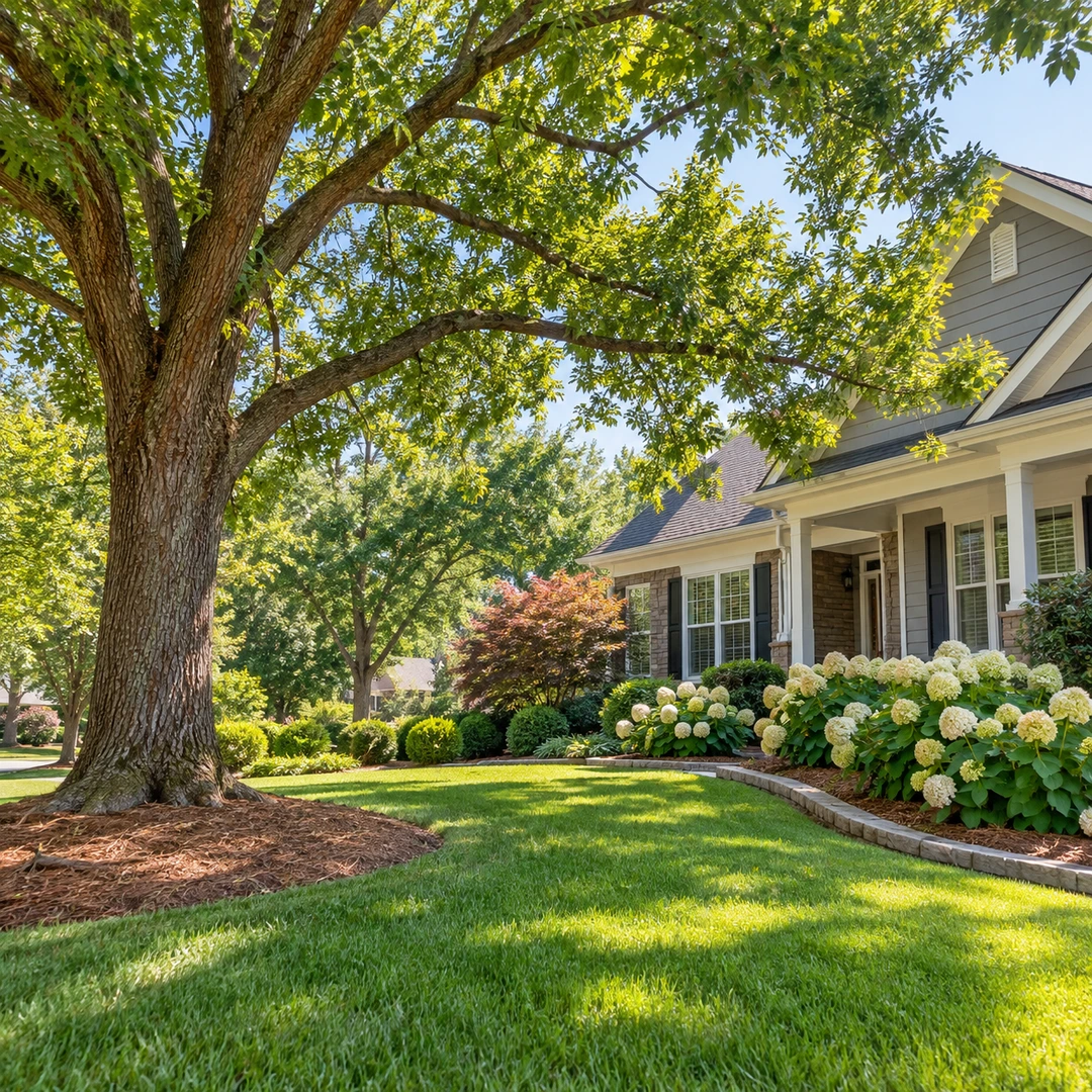 Healthy leafy shade tree beside a residential front yard