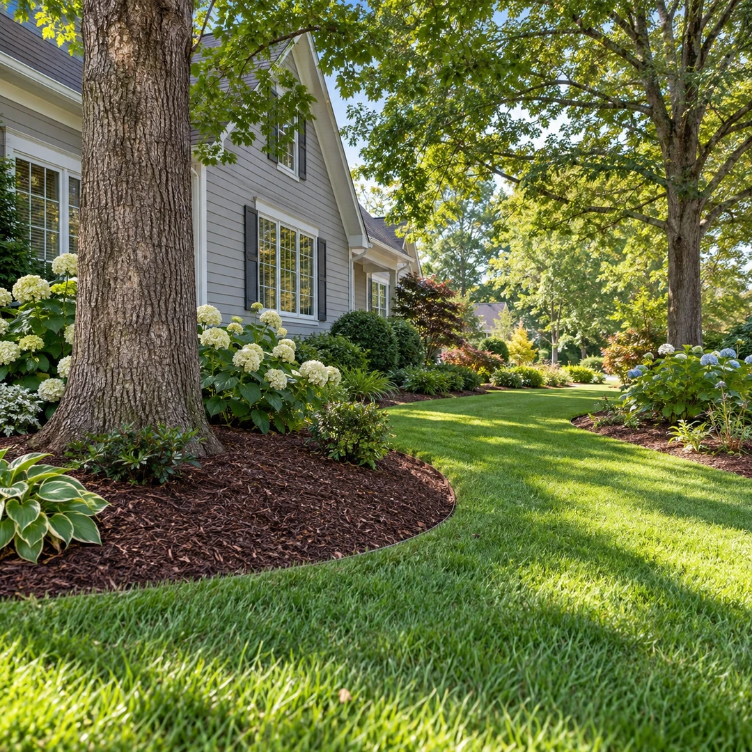 Clear lawn access beside a mature tree and garden border