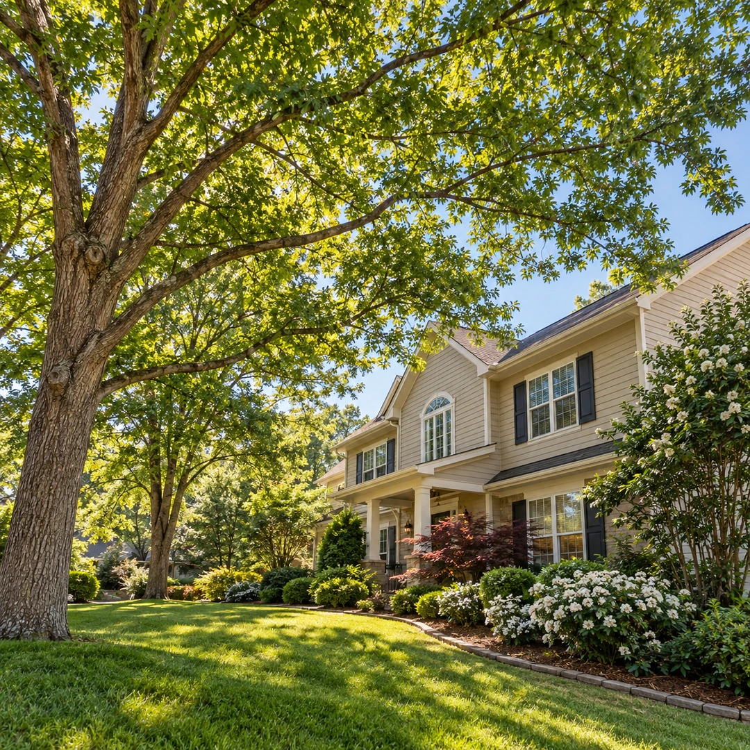 Intact tree canopy filtering sunlight above a residential lawn