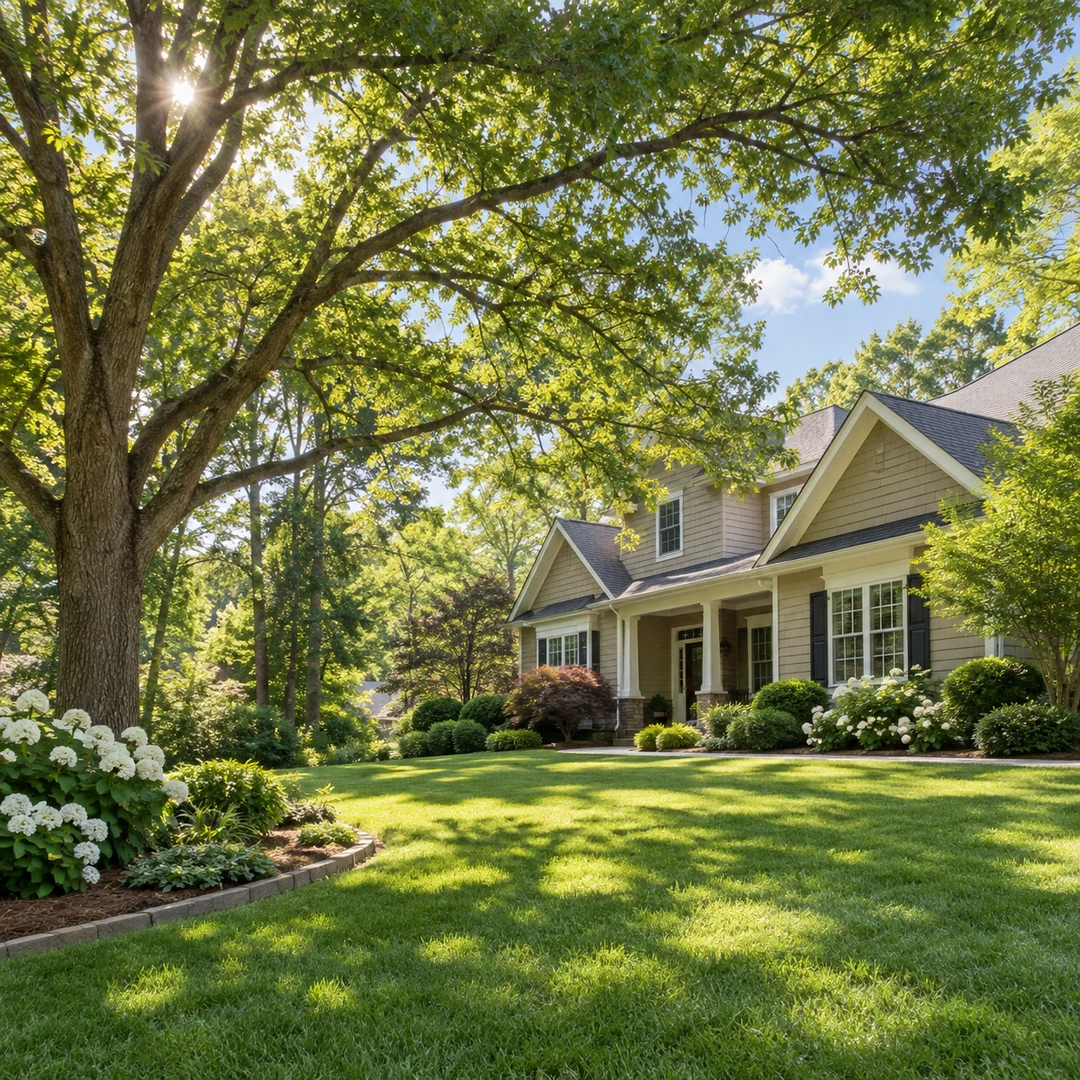 Open leafy canopy above a landscaped front yard