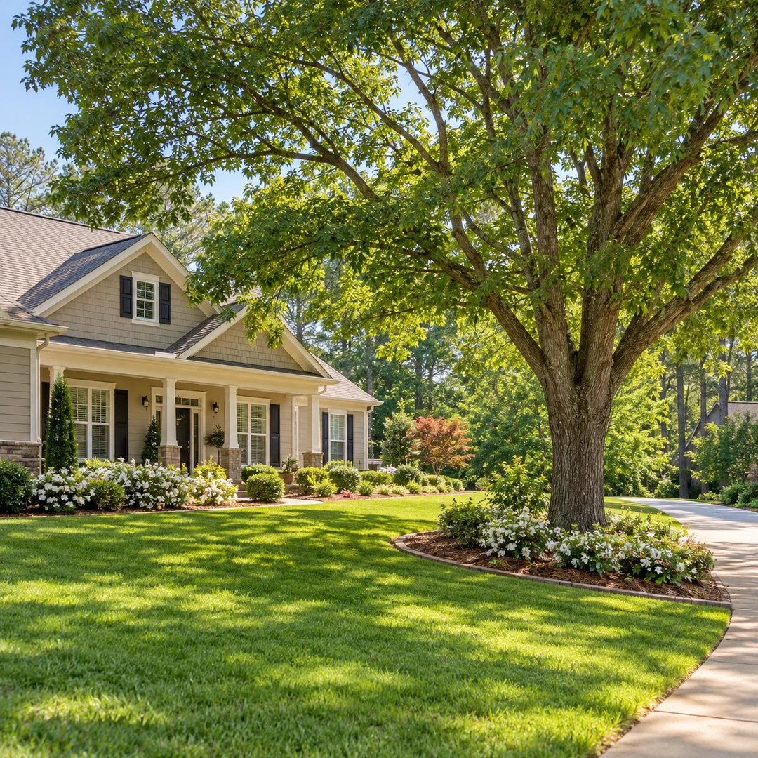 Mature tree with a natural canopy beside a curved garden path