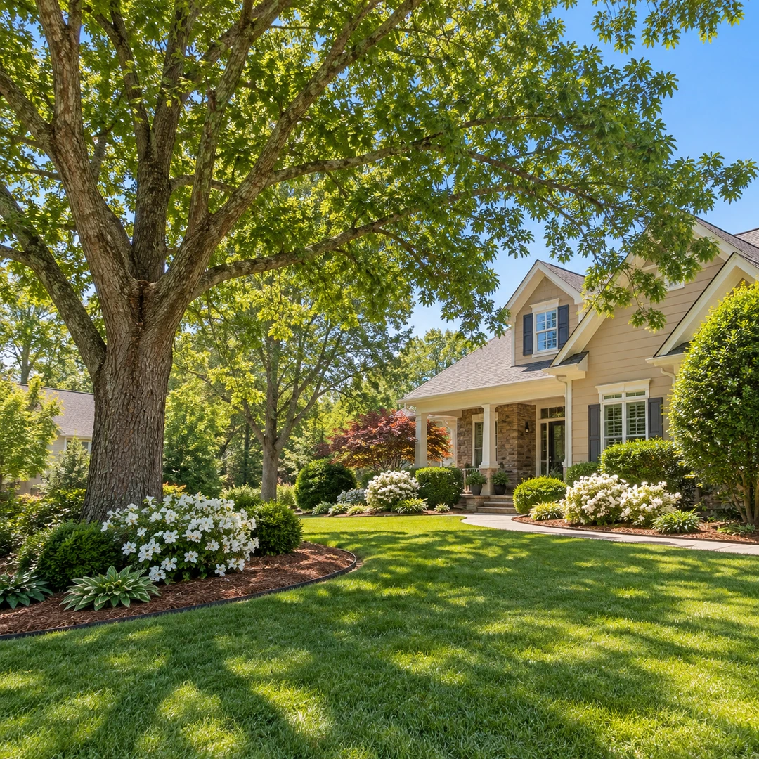 Healthy shade tree beside a residential garden bed