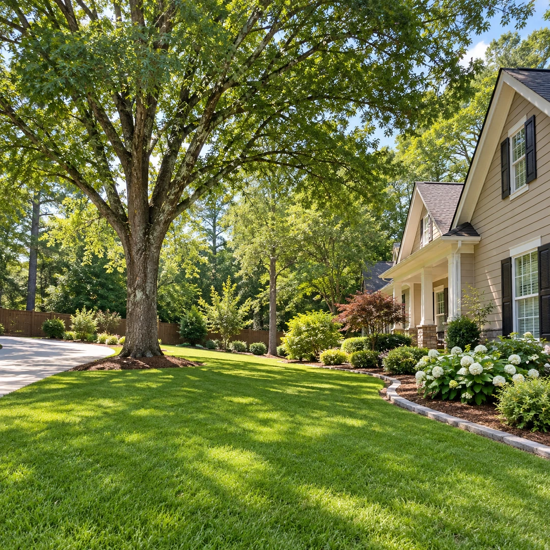 Mature leafy tree beside a driveway and landscaped lawn