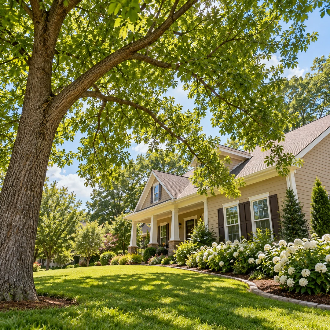 Natural tree canopy above an open lawn beside a house