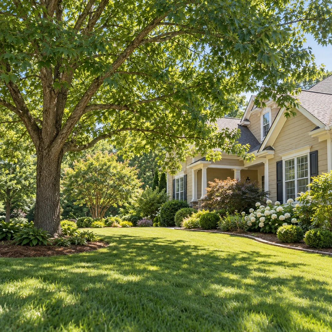 Healthy shade tree beside a tan house and garden