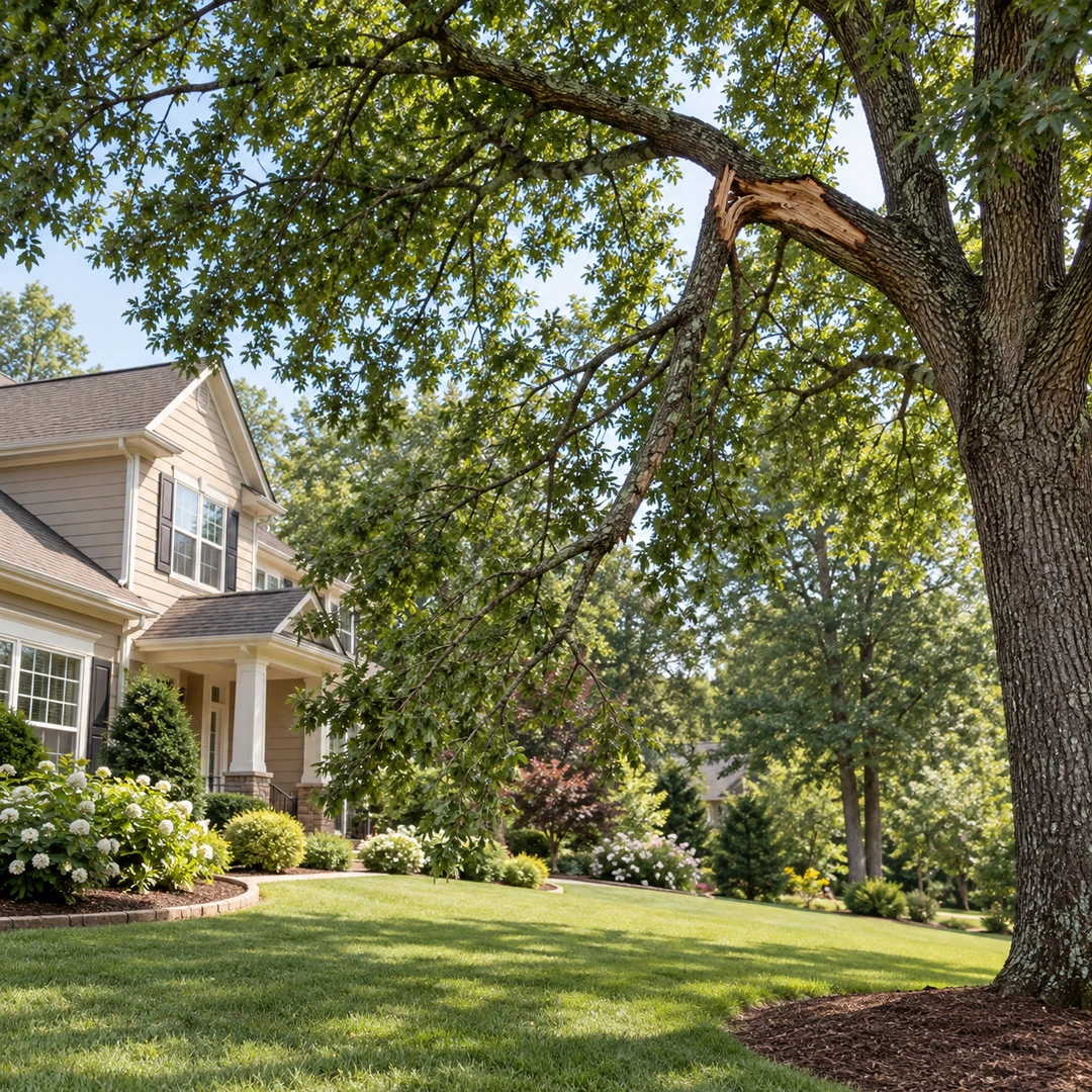 Damaged hanging branch attached to a mature tree beside a house