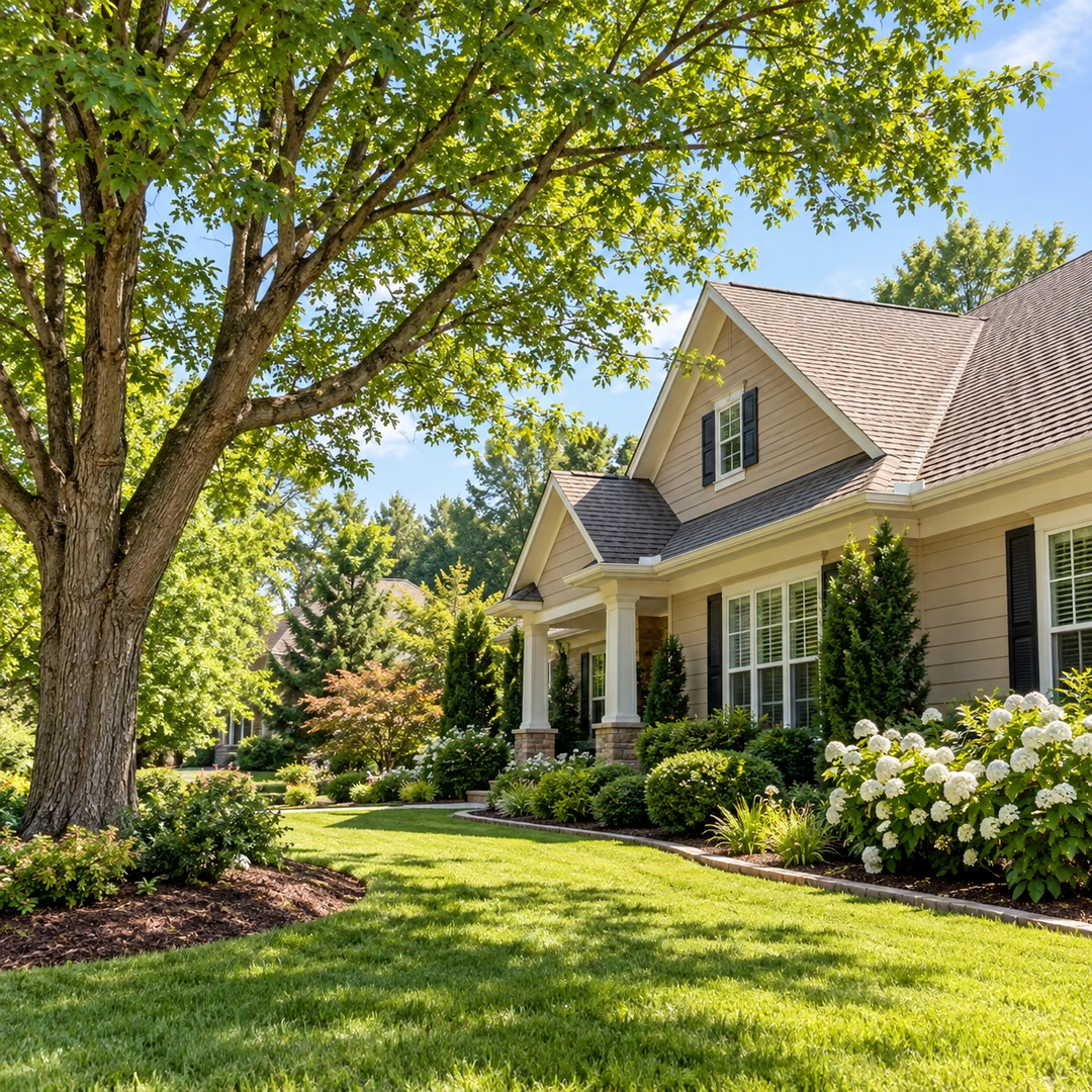 Tree branches near a residential roofline