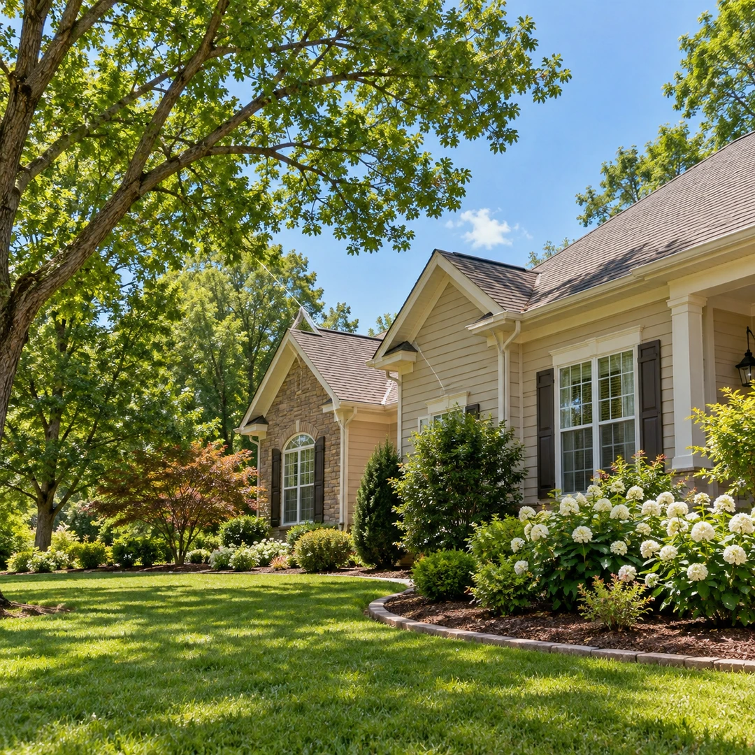 Leafy branches above a sloping residential roof