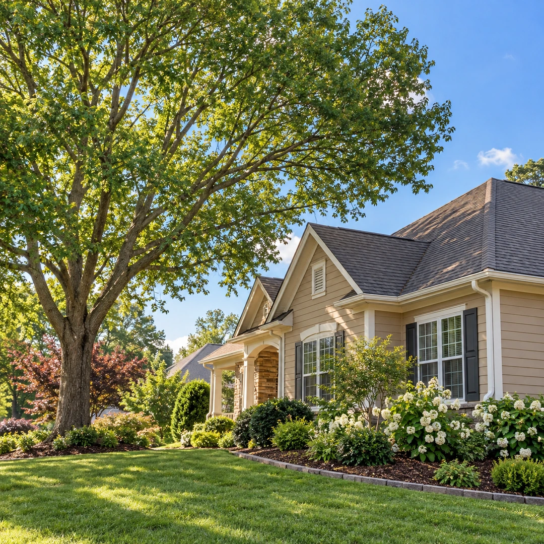Tree canopy with open clearance beside a house roof