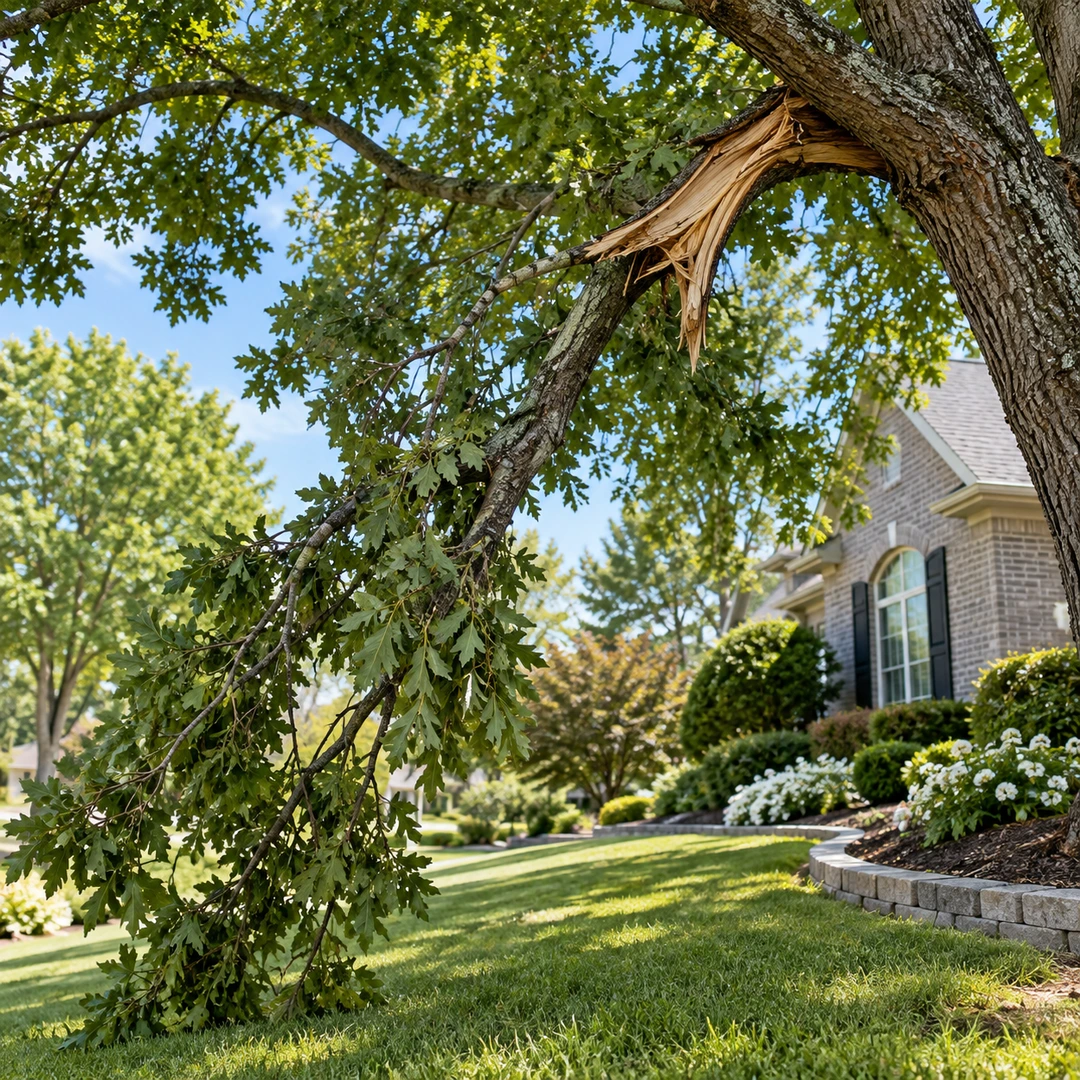 Splintered branch hanging from a mature tree