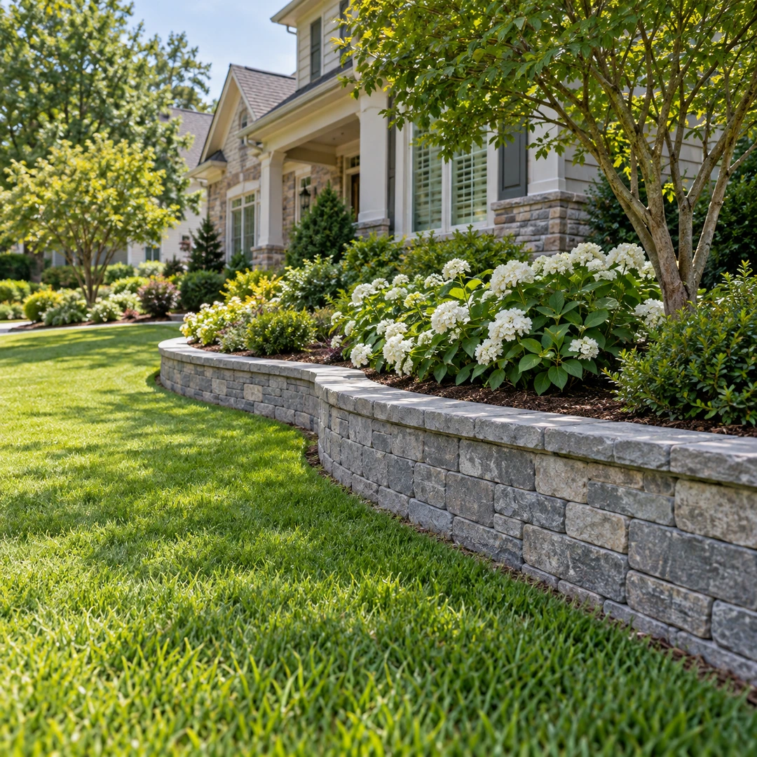 Low retaining wall supporting a landscaped front garden