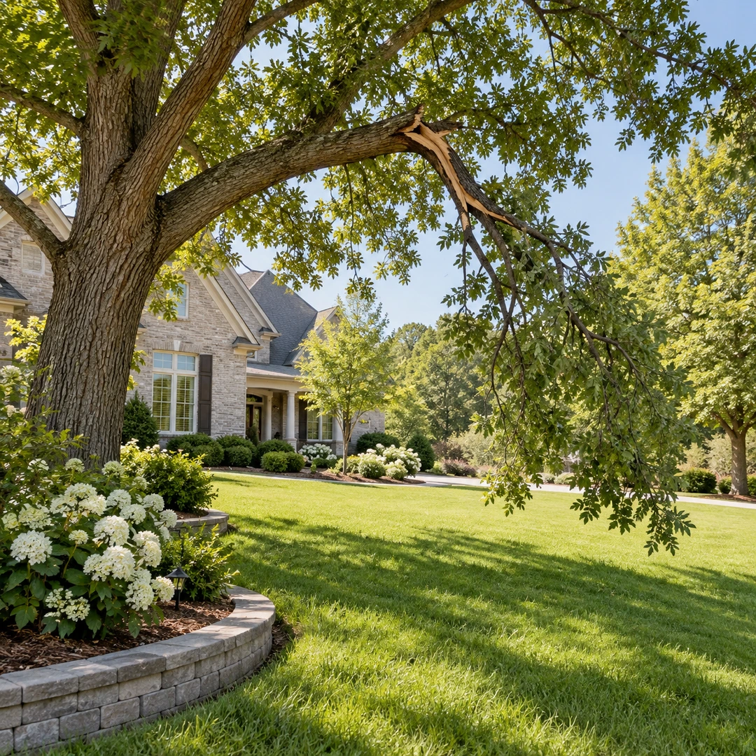 Broken hanging branch above an open residential lawn