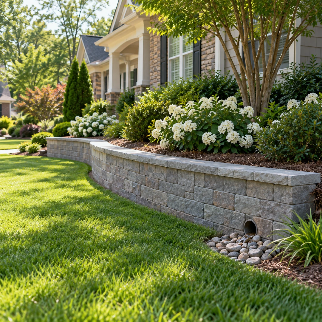 Finished retaining wall with a round drain outlet above stones