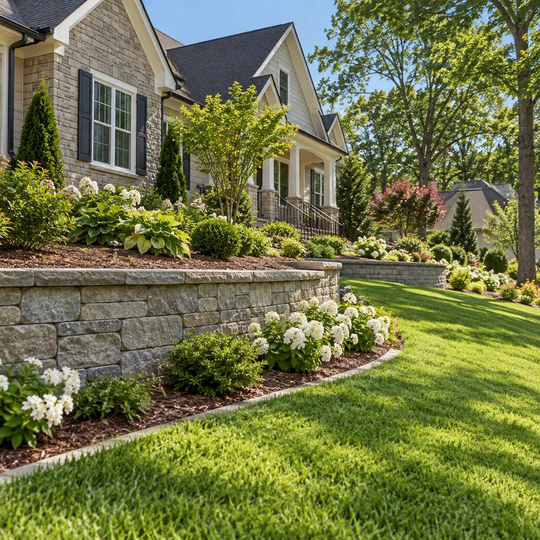 Stone retaining wall beneath a residential garden bed