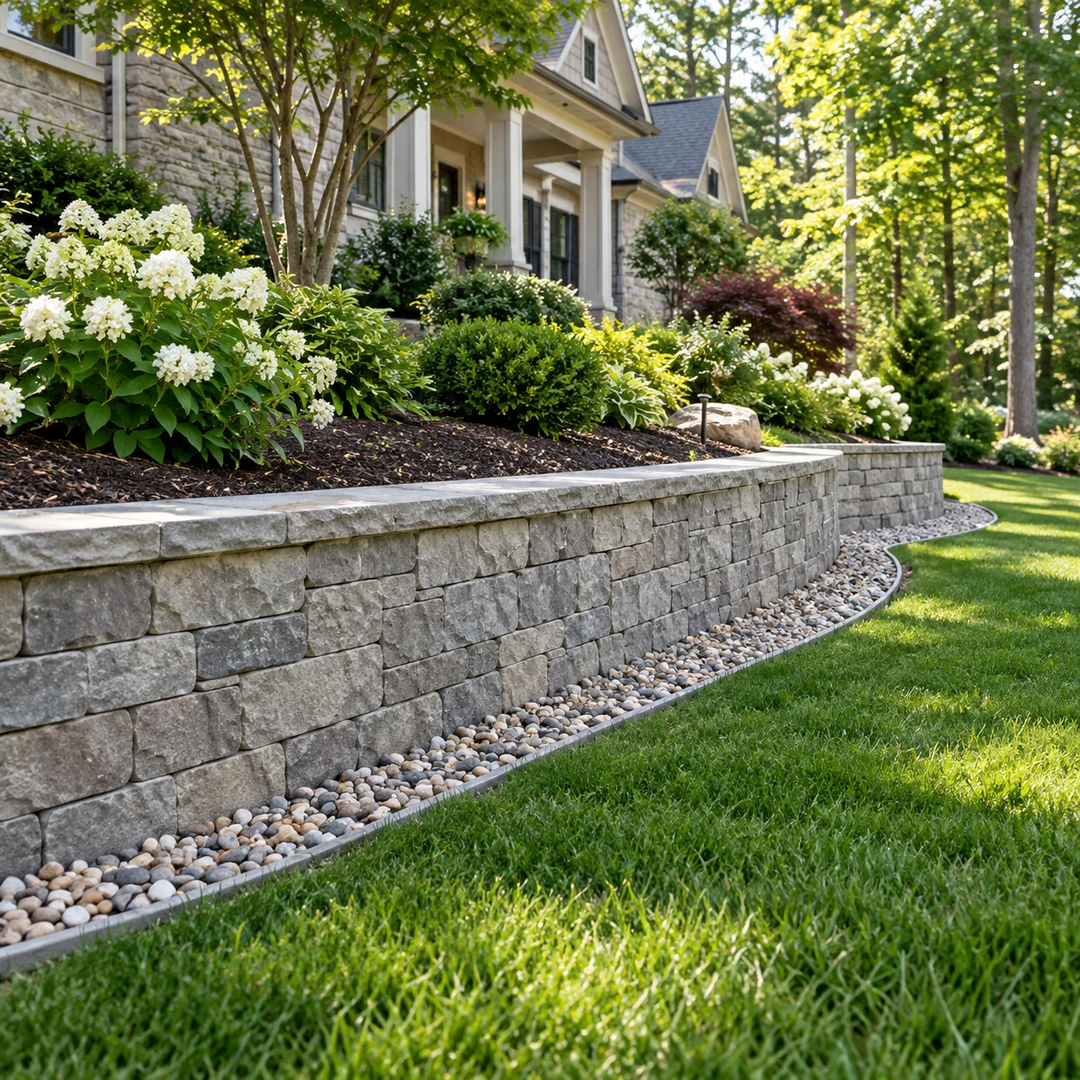 Curved retaining wall beside a green lawn and garden