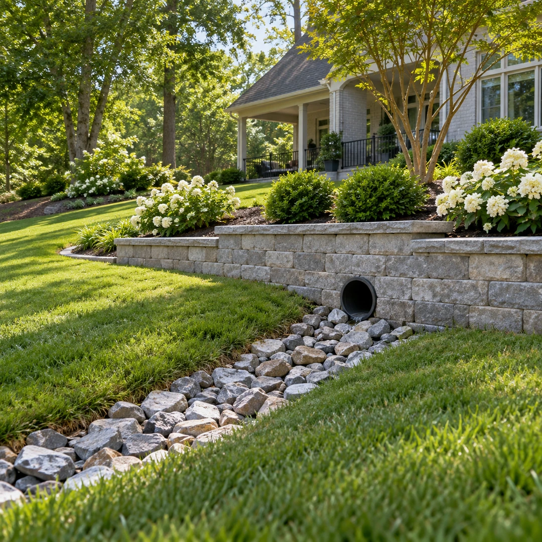 Open drain outlet leading away from a wall into a stone bed