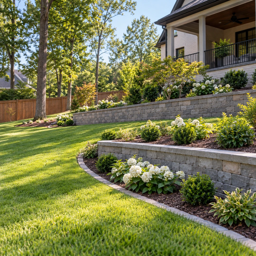 Terraced retaining walls supporting garden beds on a lawn slope