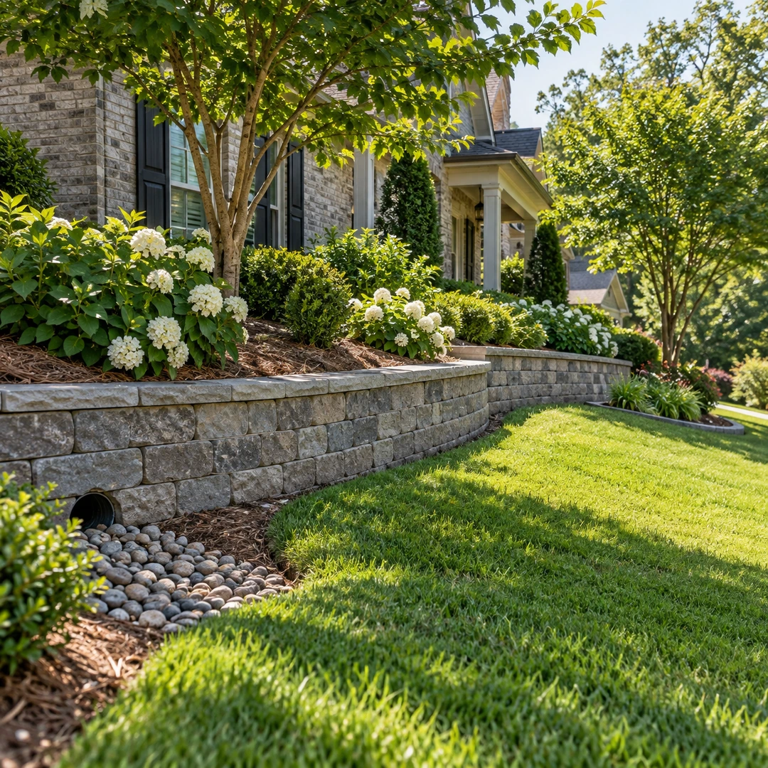 Low retaining wall with drainage stones beside a sloping yard