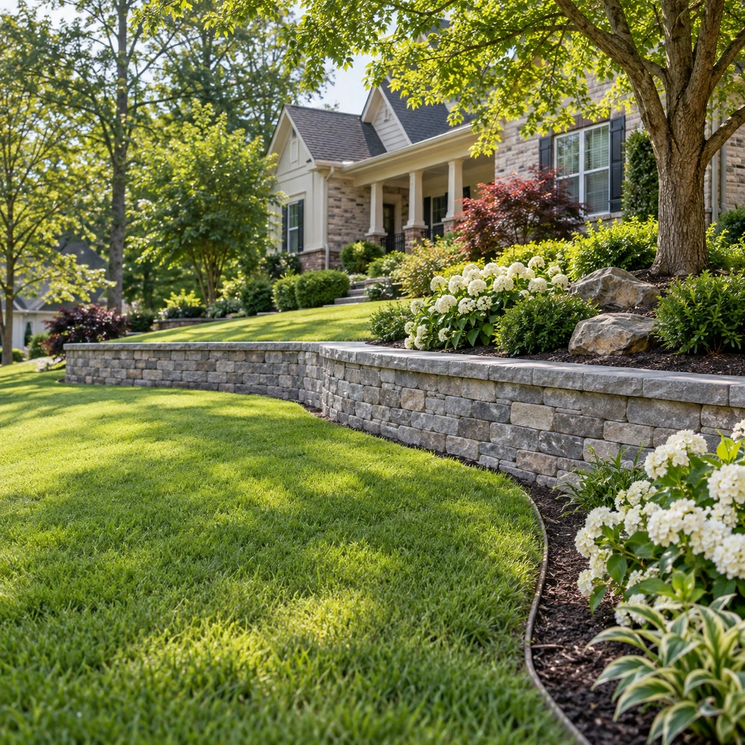 Retaining wall supporting a gently sloping residential yard