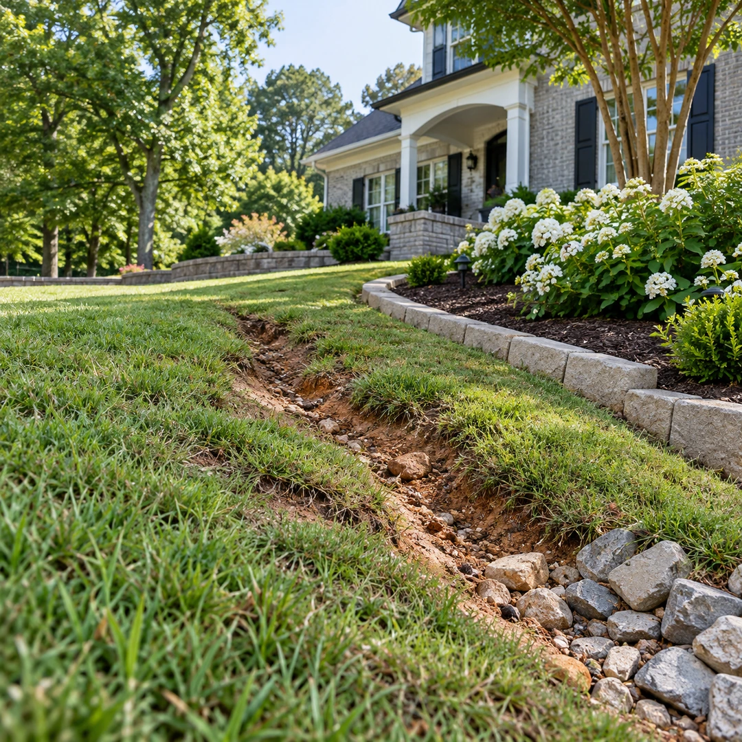 Eroded soil channel beside a sloping lawn and garden wall
