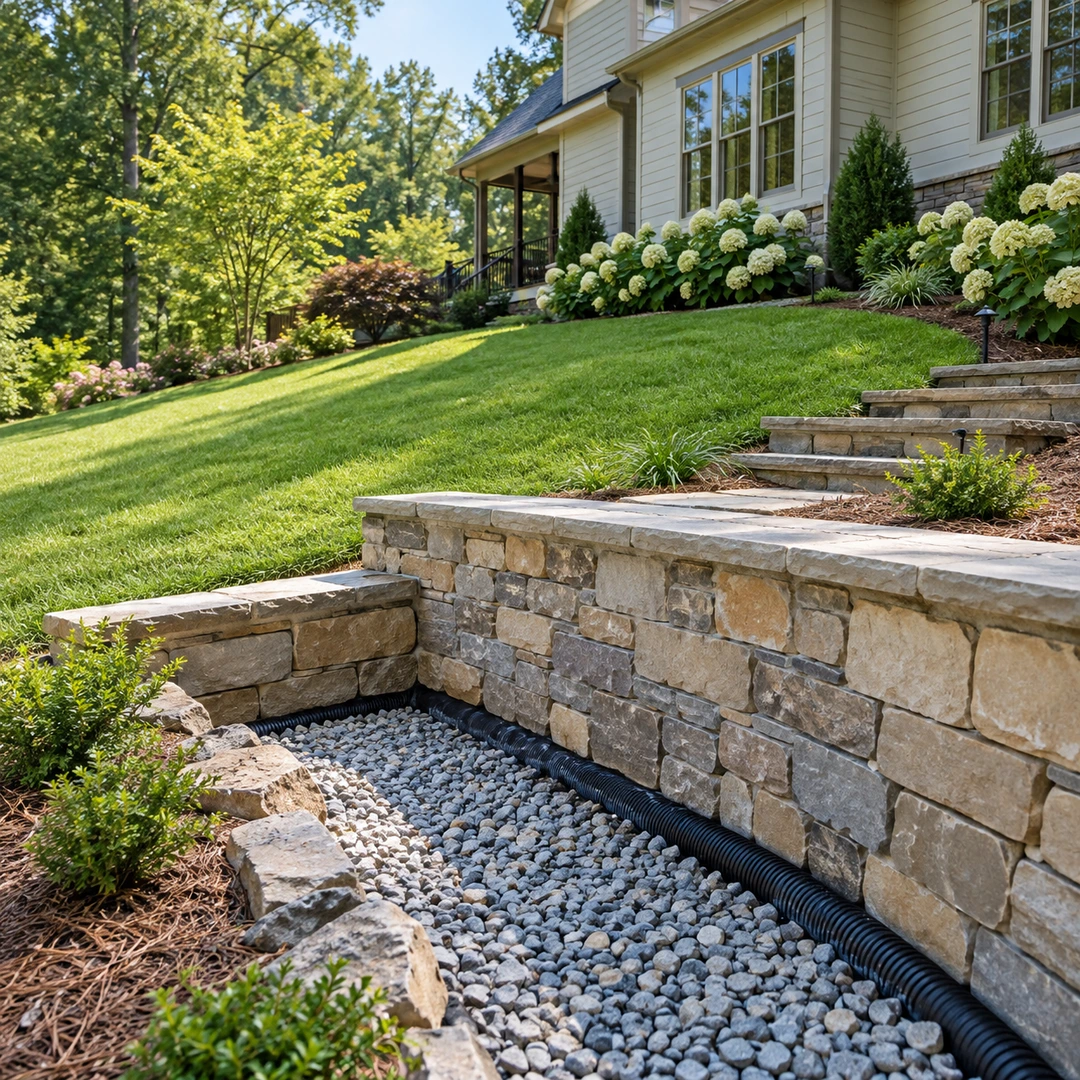 Gravel drainage area beside a garden wall and steps