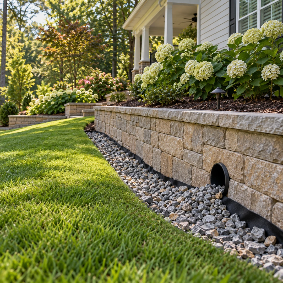 Retaining wall drain outlet above a gravel border