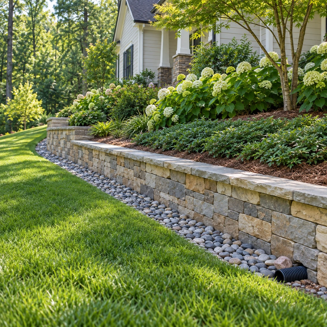 Groundcover above a finished retaining wall beside a lawn