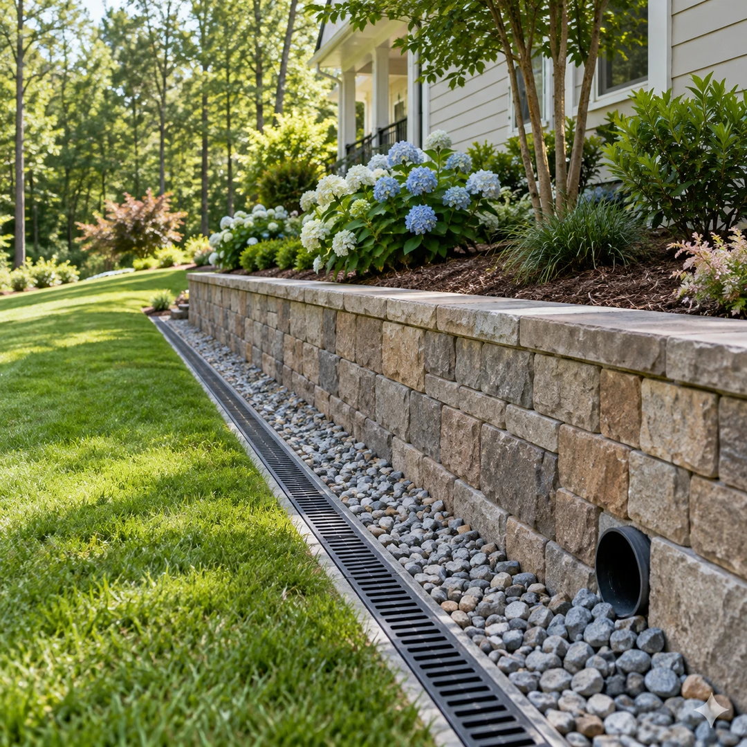 Surface channel drain beside a retaining wall with a separate outlet