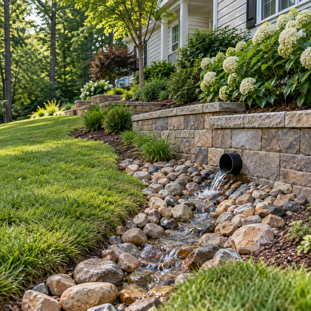 Water flowing from a wall outlet into a stone channel