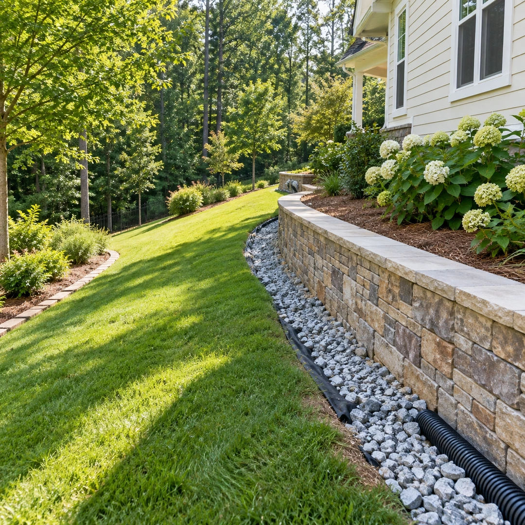 Retaining wall and gravel drainage beside a sloping lawn