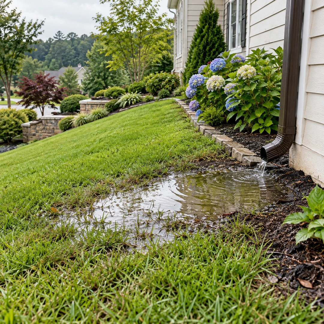 Standing water beside a downspout and sloping lawn